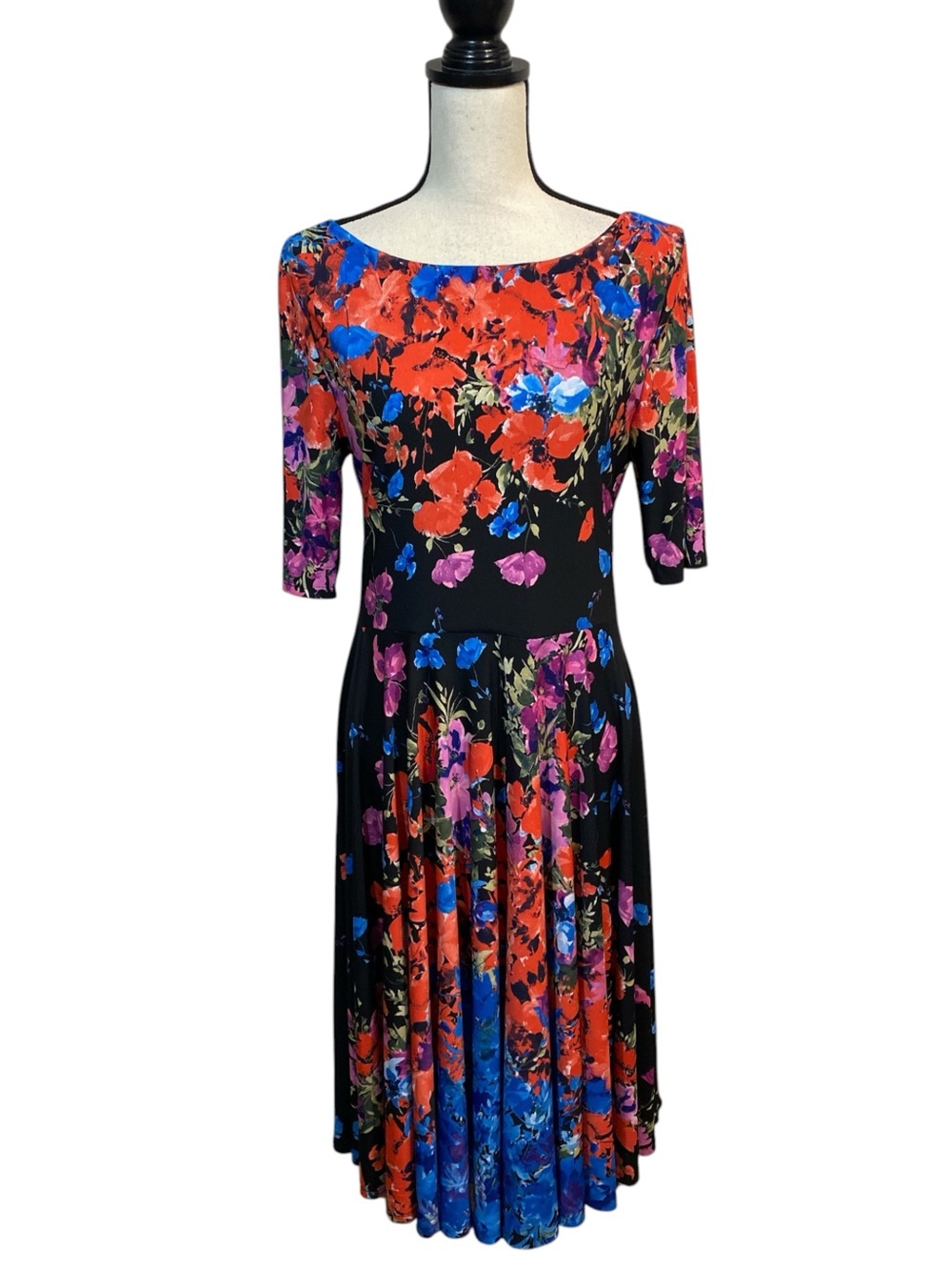 Marc Bouwer Elbow Sleeve Black and Blue Floral Midi Dress L